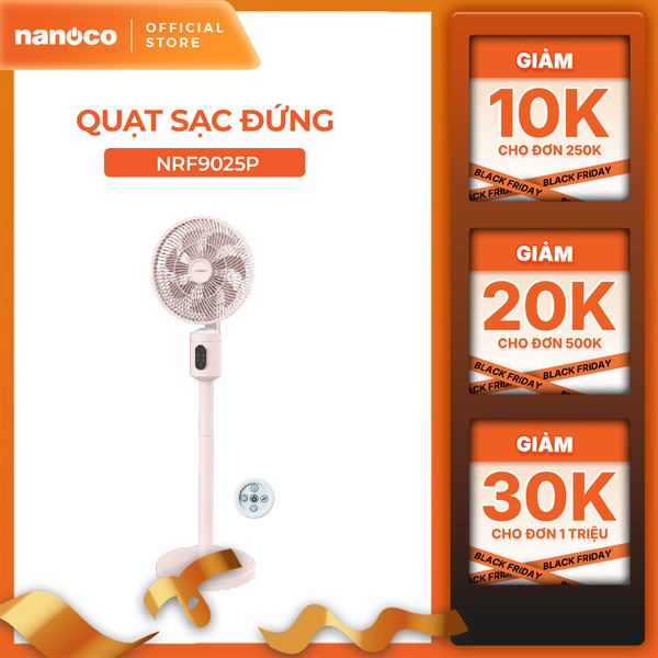 Quạt sạc cảm ứng có remote 9inch màu hồng Nanoco model NRF9025 màu hồng/trắng, pin Lithium 10.000mAh