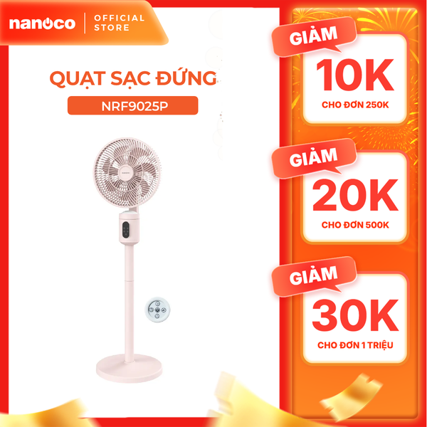 Quạt sạc cảm ứng có remote 9inch màu hồng Nanoco model NRF9025 màu hồng/trắng, pin Lithium 10.000mAh