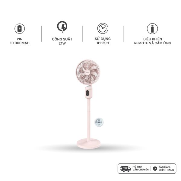 Quạt sạc cảm ứng có remote 9inch màu hồng Nanoco model NRF9025 màu hồng/trắng, pin Lithium 10.000mAh