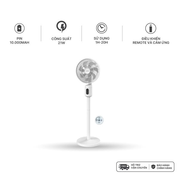 Quạt sạc cảm ứng có remote 9inch màu hồng Nanoco model NRF9025 màu hồng/trắng, pin Lithium 10.000mAh