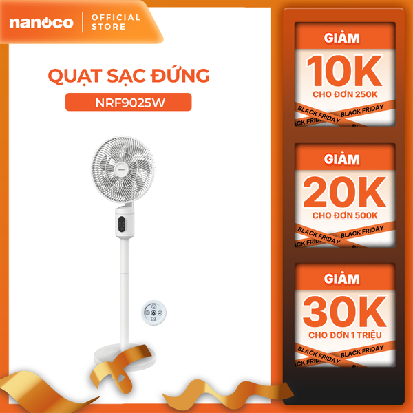 Quạt sạc cảm ứng có remote 9inch màu hồng Nanoco model NRF9025 màu hồng/trắng, pin Lithium 10.000mAh