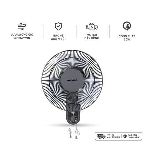 Quạt treo tường 2 dây Nanoco model NWF1218GR màu ghi (3 chế độ gió, công suất 30W, bạc đạn )