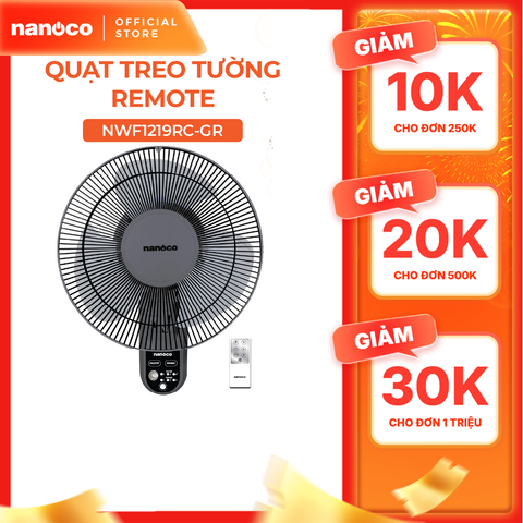 Quạt treo tường Nanoco model NWF1219RC-GR màu ghi (3 chế độ gió, công suất 30W, bạc đạn, cánh 30cm)