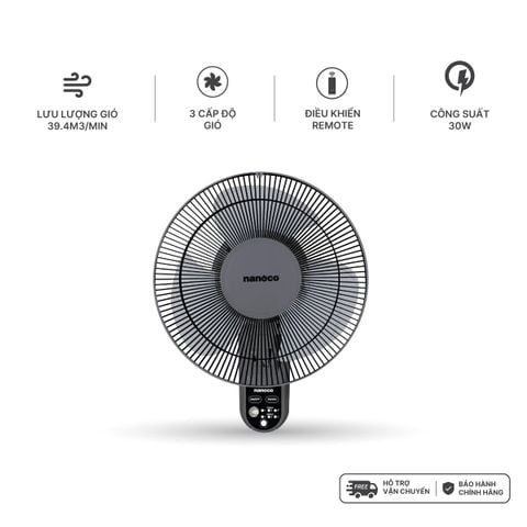 Quạt treo tường Nanoco model NWF1219RC-GR màu ghi (3 chế độ gió, công suất 30W, bạc đạn, cánh 30cm)