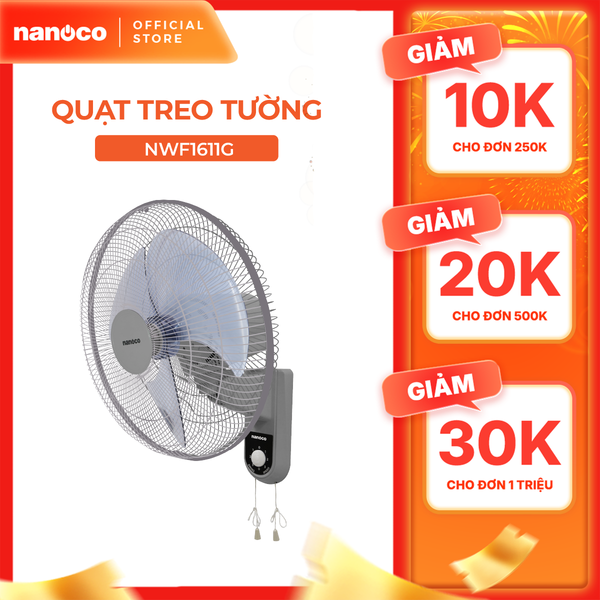 Quạt treo tường 2 dây Nanoco model NWF1611 (3 cấp độ gió, công suất 47W)