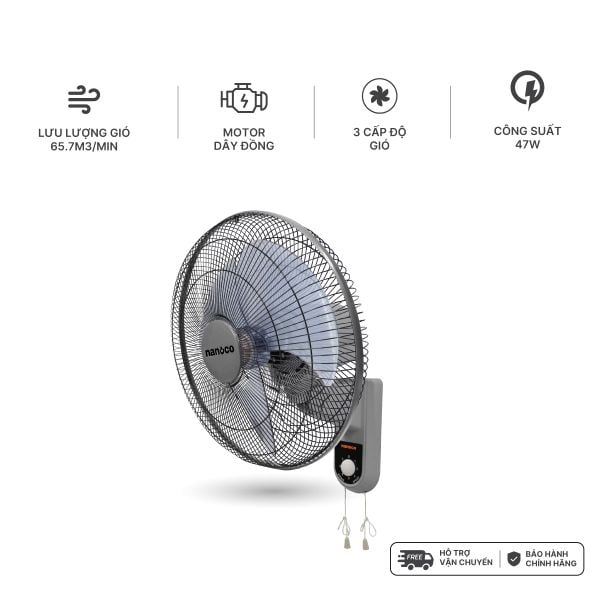 Quạt treo tường 2 dây Nanoco model NWF1611 (3 cấp độ gió, công suất 47W)