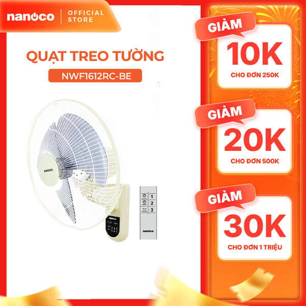 Quạt treo có remote Nanoco model NWF1612RC (3 cấp độ gió, công suất 47W)