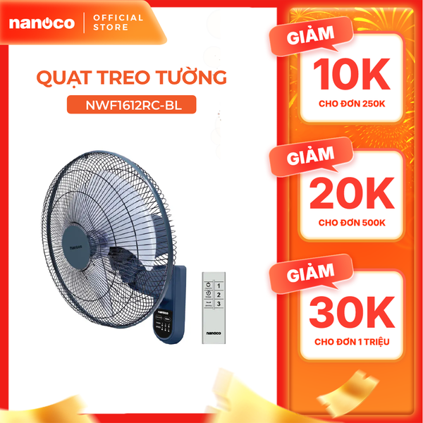 Quạt treo có remote Nanoco model NWF1612RC (3 cấp độ gió, công suất 47W)