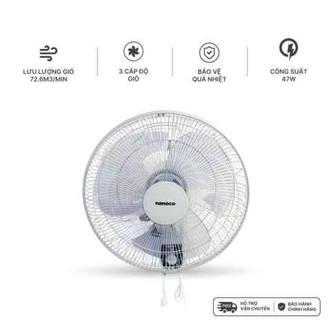 Quạt treo tường 2 dây Nanoco model NWF1614 - 3 chế độ gió, bạc đạn, công suất 47W
