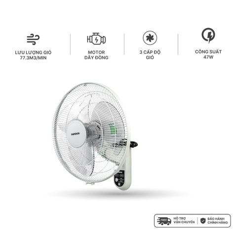 Quạt treo tường Nanoco model NWF1615RC (bạc đạn, 3 cấp độ gió, công suất 47W, cánh 40cm)