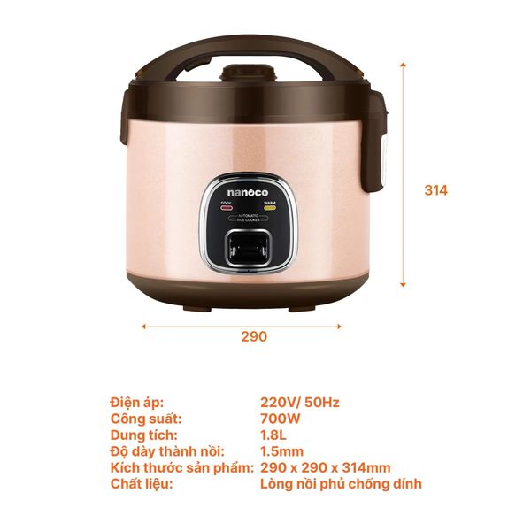 Nồi Cơm Điện Nắp Gài Nanoco NRC1860P 1.8L Màu Hồng - Công Suất 700W, Lòng Nồi Chống Dính, Nắp Trong Tháo Rời