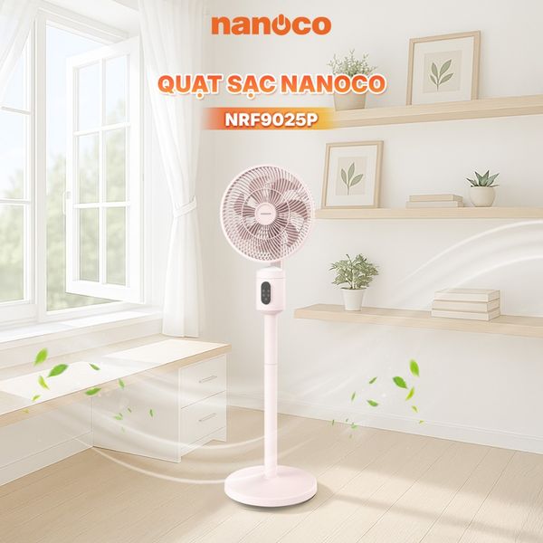 Quạt sạc cảm ứng có remote 9inch màu hồng Nanoco model NRF9025 màu hồng/trắng, pin Lithium 10.000mAh