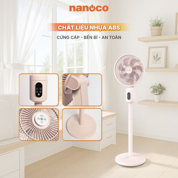 Quạt sạc cảm ứng có remote 9inch màu hồng Nanoco model NRF9025 màu hồng/trắng, pin Lithium 10.000mAh