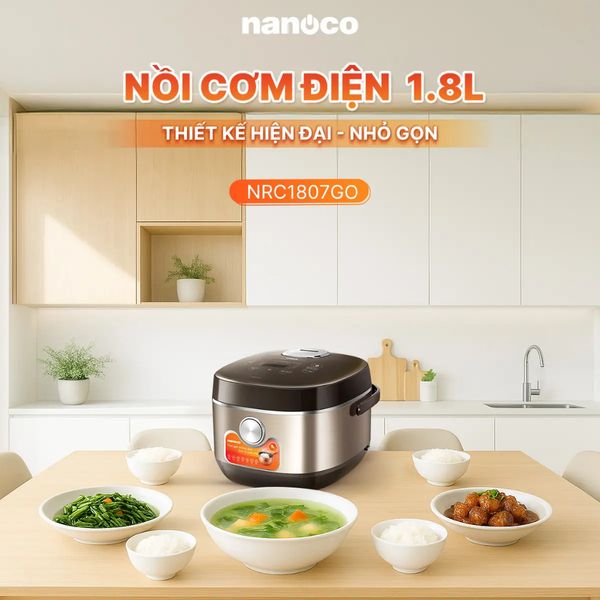 Nồi cơm điện tử Nanoco 1.8L, Model NRC1807GO, màu vàng đồng