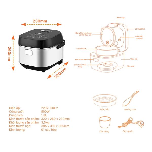 Nồi cơm điện tử Nanoco Model NRC1818M, 1.8L, màu đen