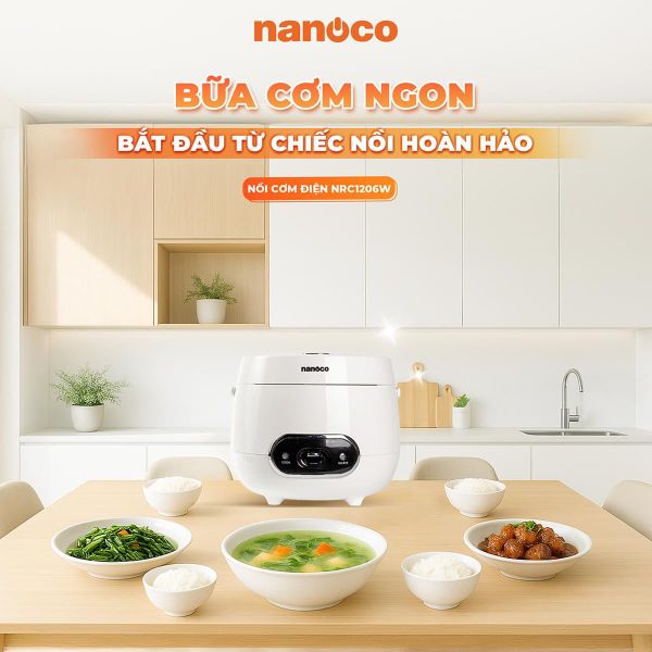 Nồi cơm điện 1.2L Nanoco model NRC1206W màu trắng, nút cơ, công suất 500W