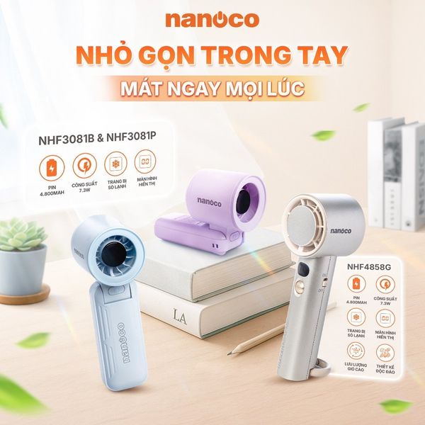 Quạt sạc cầm tay màu vàng đồng có sò lạnh động cơ DC Nanoco model NHF4858G pin lithium 4800mAh công suất 7.3W