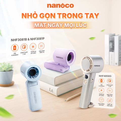 Quạt sạc cầm tay màu vàng đồng có sò lạnh động cơ DC Nanoco model NHF4858G pin lithium 4800mAh công suất 7.3W