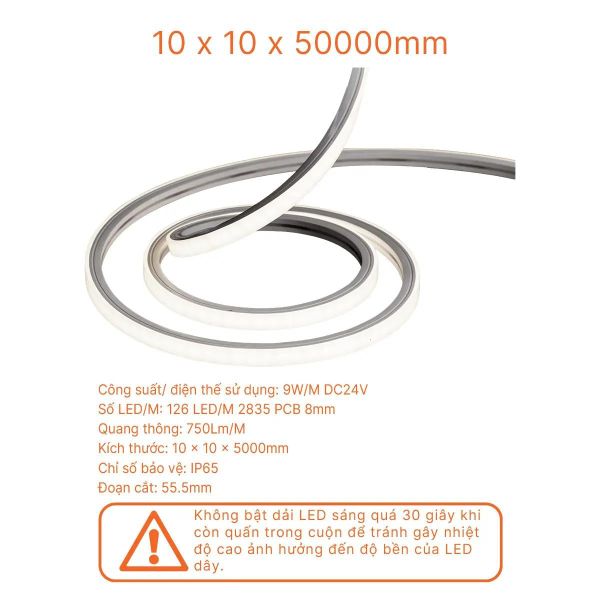 Đèn LED Dây Nanoco Neon Top Bend 9W/m DC24V IP65 CRI Ra90 126 LED/m Ánh Sáng Liền Mạch