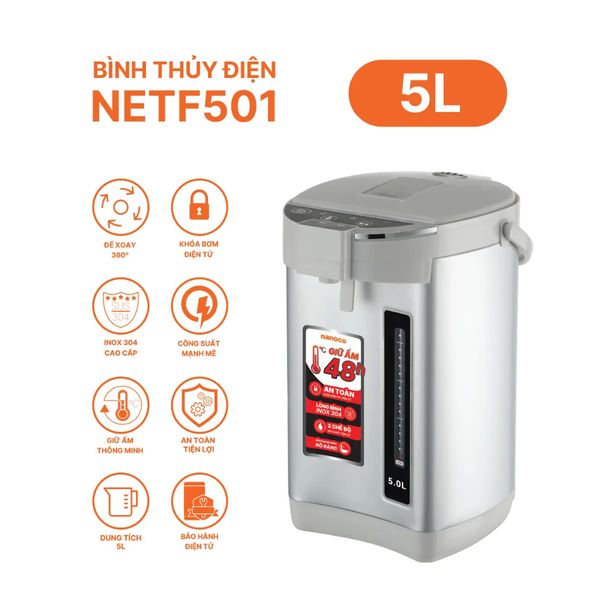 Bình thủy điện Nanoco Model NETF501 5.0L Màu xám