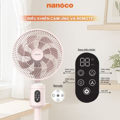 Quạt sạc cảm ứng có remote 9inch màu hồng Nanoco model NRF9025 màu hồng/trắng, pin Lithium 10.000mAh