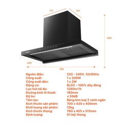 Máy hút mùi chữ T Nanoco NRH702B 70cm – Cảm biến không chạm, động cơ BLDC, lực hút 1280 m³/h