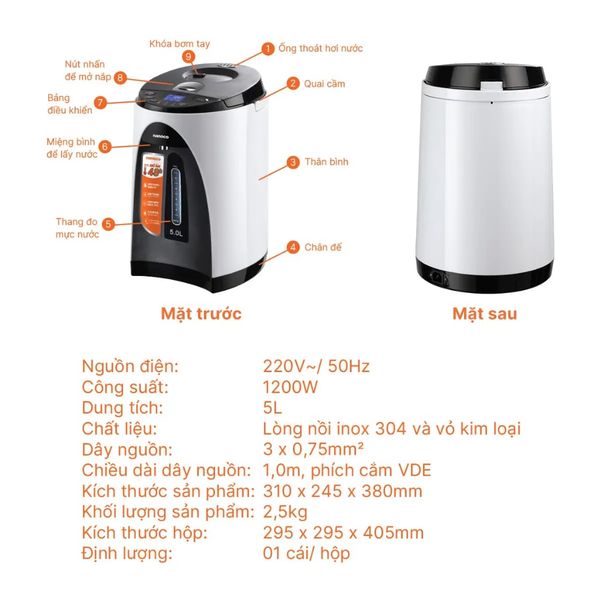 Bình thủy điện Nanoco, Model NETF502 5.0L, màu trắng