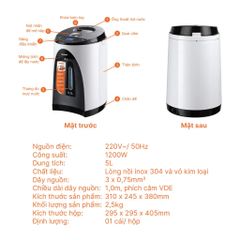 Bình thủy điện Nanoco, Model NETF502 5.0L, màu trắng