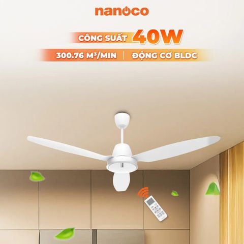Quạt trần 3 cánh BLDC Nanoco model NCF6031 40W, có Remote,  cánh nhựa 150cm, 9 cấp độ gió - KHÔNG GỒM PHÍ LẮP ĐẶT