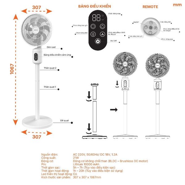Quạt sạc cảm ứng có remote 9inch màu hồng Nanoco model NRF9025 màu hồng/trắng, pin Lithium 10.000mAh