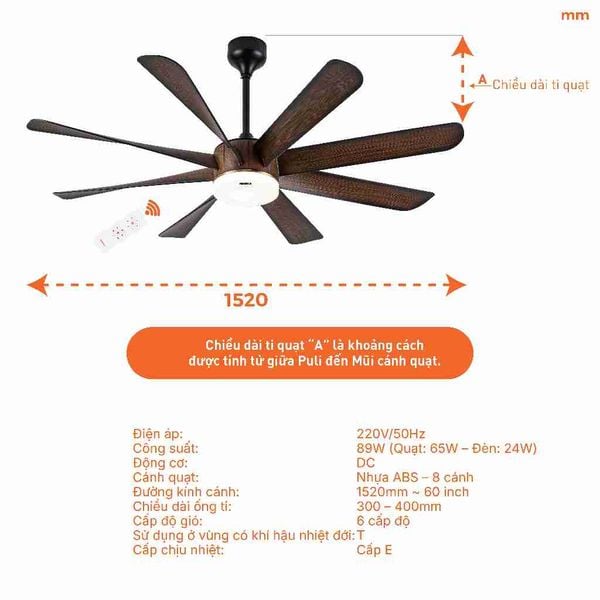 Quạt trần trang trí vân gỗ 8 cánh động cơ DC có remote Nanoco model NCFD6089L công suất 65W