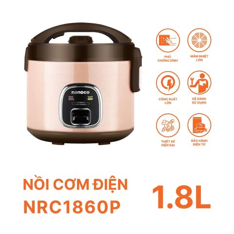 Nồi Cơm Điện Nắp Gài Nanoco NRC1860P 1.8L Màu Hồng - Công Suất 700W, Lòng Nồi Chống Dính, Nắp Trong Tháo Rời