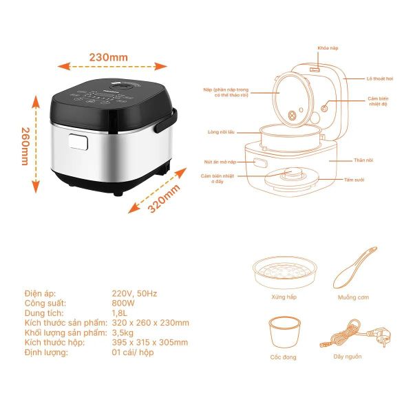 Nồi cơm điện tử Nanoco Model NRC1818M, 1.8L, màu đen