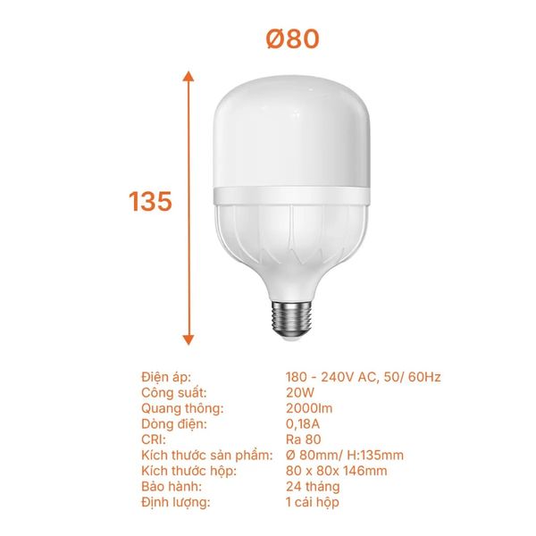 Bóng đèn Bulb trụ E27 - Lite Series Nanoco 20W/ 30W/ 40W/ 50W - ánh sáng vàng/trắng