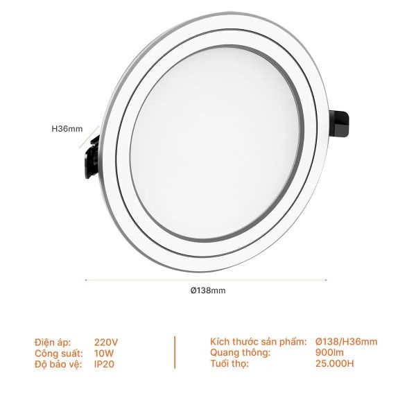 Đèn LED âm trần Nanoco ECO Metal Series 10W Ø90 | Viền Trắng/Vàng/Bạc | Ánh sáng 3000K/4000K/6500K/Đổi màu
