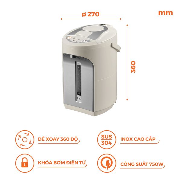 Bình thủy điện Nanoco model NETF320/ NETF400/ NETF500 dung tích 3.2L, 4L và 5L (Công suất 750W)
