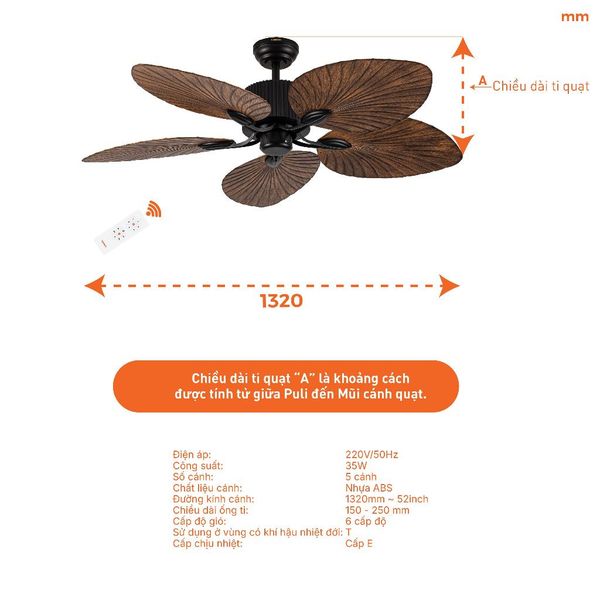 Quạt trần trang trí vân gỗ 5 cánh động cơ DC có remote Nanoco model NCFD5251 công suất 35W