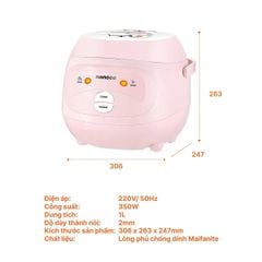 Nồi Cơm Điện Nắp Gài 1.0L 350W Màu Hồng Lòng Nồi Chống Dính Maifanite Nắp Tháo Rời