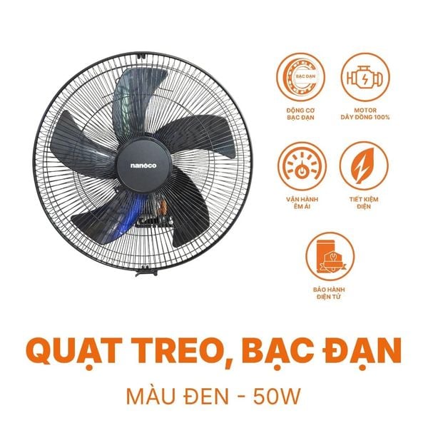 Quạt Treo Tường Công Nghiệp Nanoco Bạc Đạn Màu Đen NWF1870K/NWF1670K 3 Chế Độ Gió