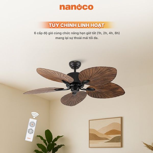 Quạt trần trang trí vân gỗ 5 cánh động cơ DC có remote Nanoco model NCFD5251 công suất 35W