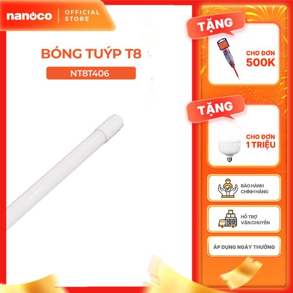 Bóng tuýp T8 LED thủy tinh 0.6m/1.2m Nanoco công suất 10W/ 20W/ 40W ánh sáng trắng/vàng model NT8Txxx