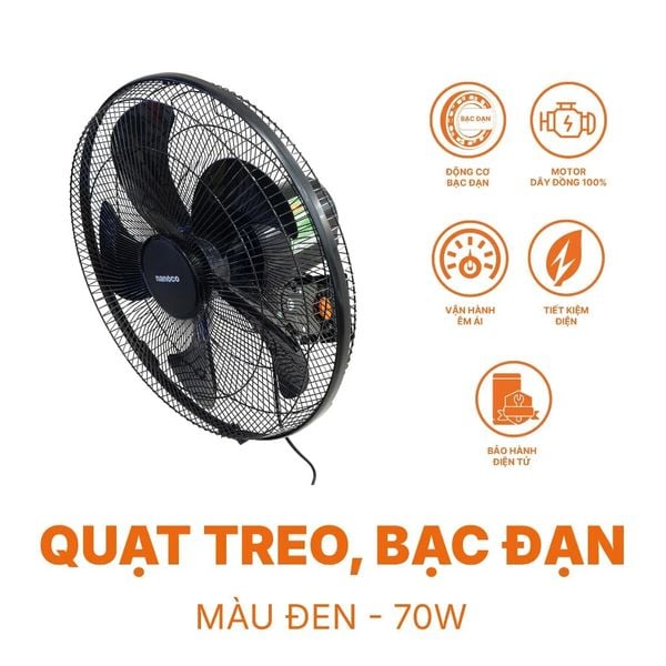Quạt Treo Tường Công Nghiệp Nanoco Bạc Đạn Màu Đen NWF1870K/NWF1670K 3 Chế Độ Gió