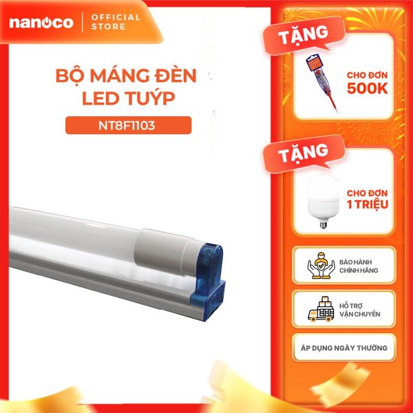 Bộ máng đèn LED tuýp T8 thủy tinh 10W/20W Nanoco ánh sáng vàng/trắng