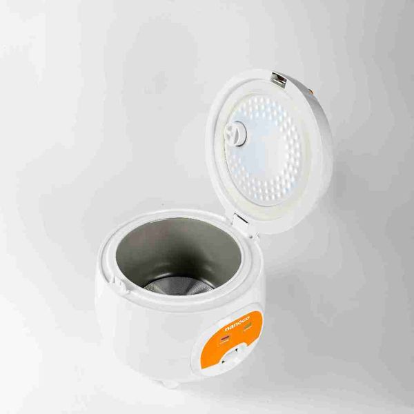Nồi cơm điện 0.8L Nanoco model NRC0801W màu trắng-cam, nút cơ công suất 250W