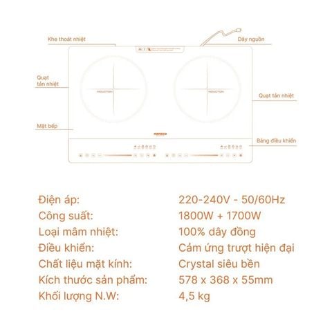 Bếp điện từ đôi Nanoco Model NICZ485 Công suất 1800W