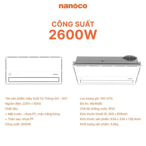 Máy hút sưởi 5in1 Nanoco Model NBD2561 có remote, lỗ khoét 305x605 mm