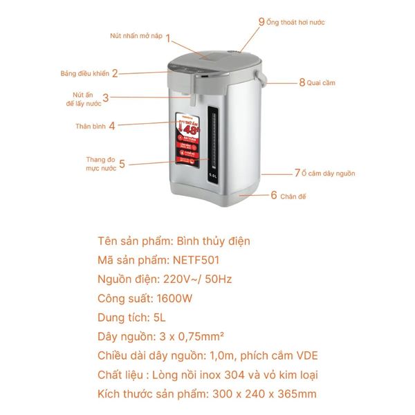 Bình thủy điện Nanoco Model NETF501 5.0L Màu xám
