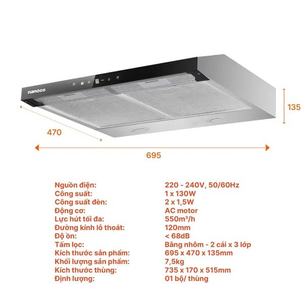 Hút mùi classic Nanoco, 70 cm, hút mùi NRH703M