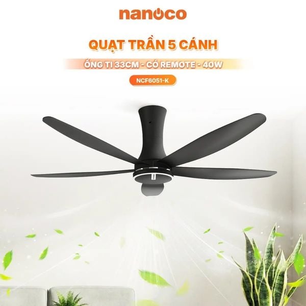 Quạt Trần Nanoco BLDC 5 Cánh 150cm Có Remote, Đảo Chiều, 9 Cấp Gió, Tiết Kiệm Điện NCF6051
