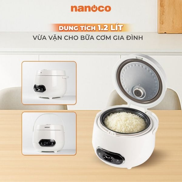 Nồi cơm điện 1.2L Nanoco model NRC1206W màu trắng, nút cơ, công suất 500W
